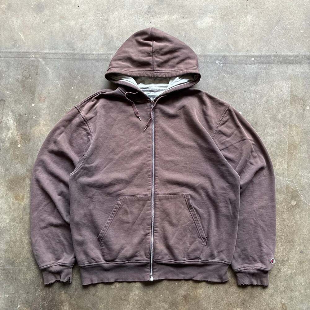 Y2K Champion Zip Up Hoodie Size L Brown Distressed thrashed